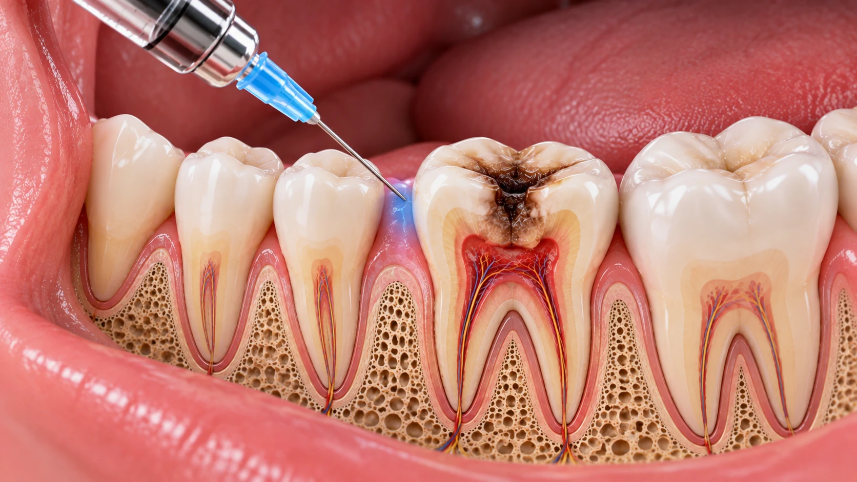İltihaplı dişte lokal anestezi uygulamasını gösteren dental illüstrasyon.