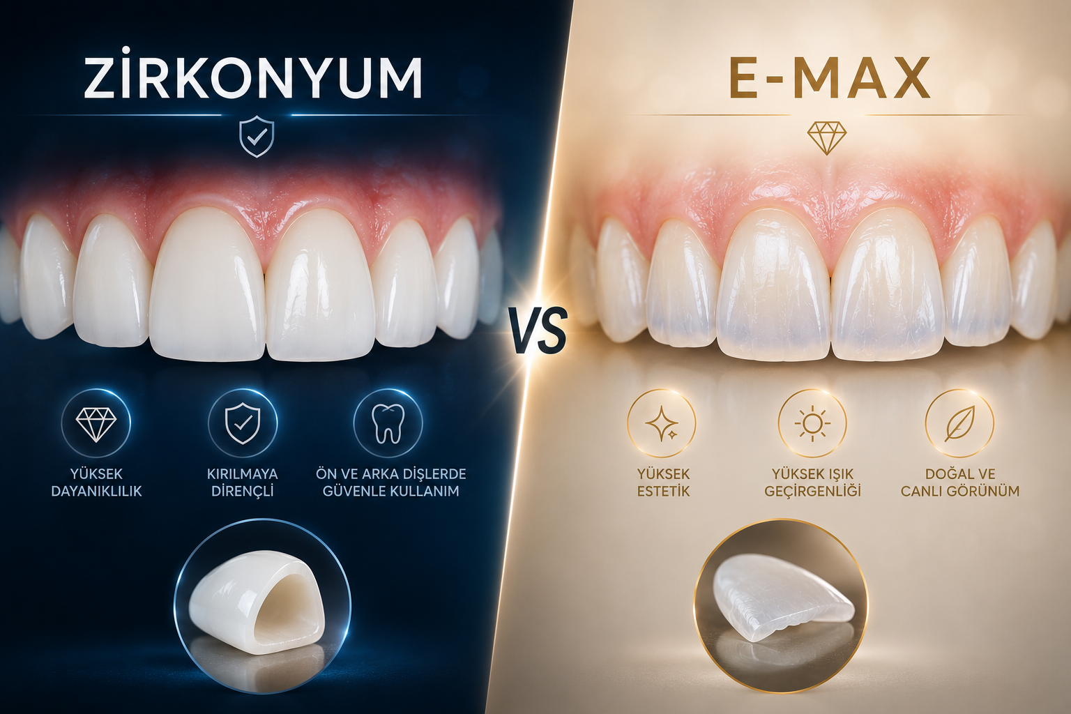 Zirkonyum ve E-max kaplama karşılaştırması